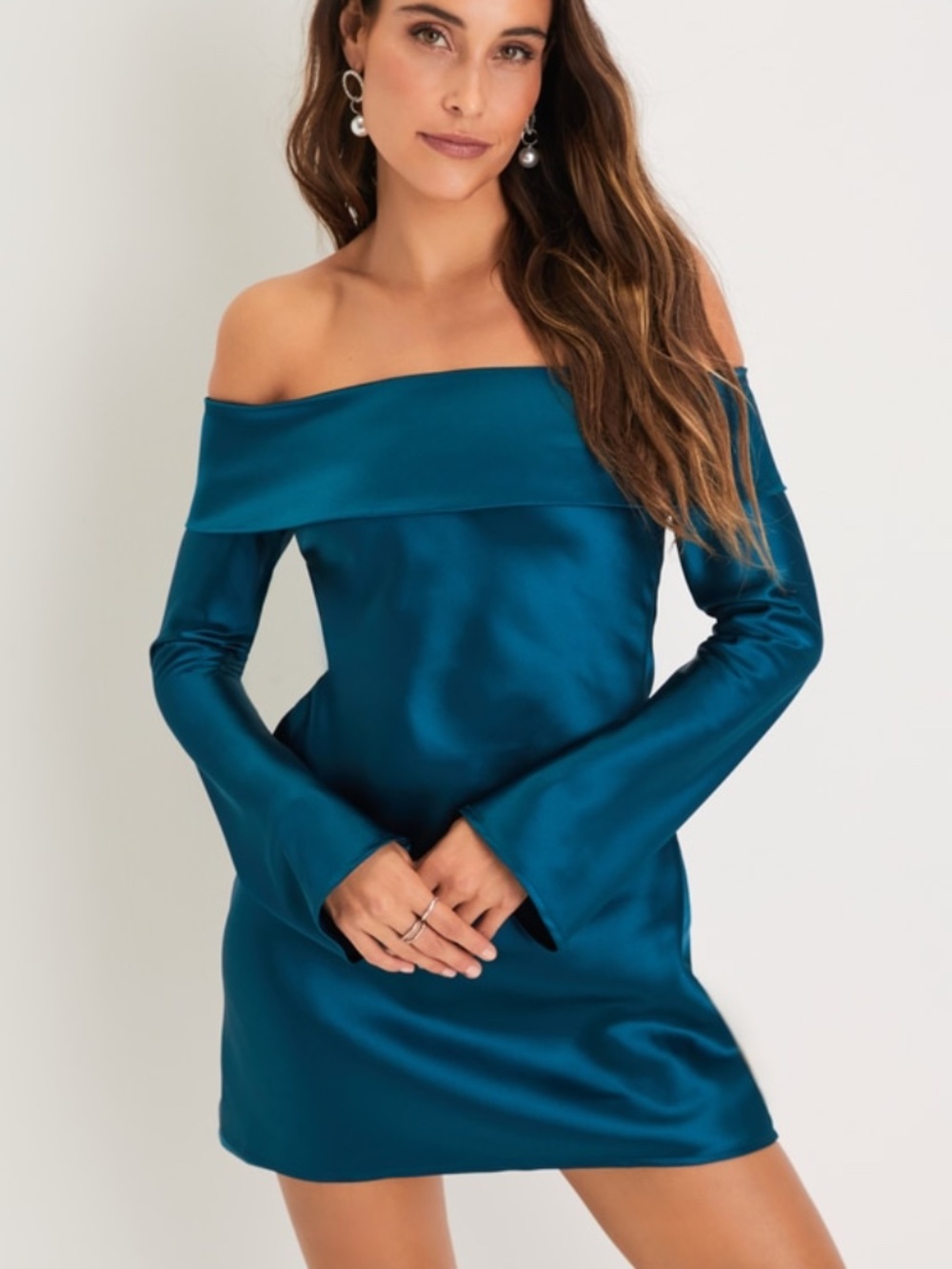 Lulu's Teal Off-Shoulder Satin Mini Dress